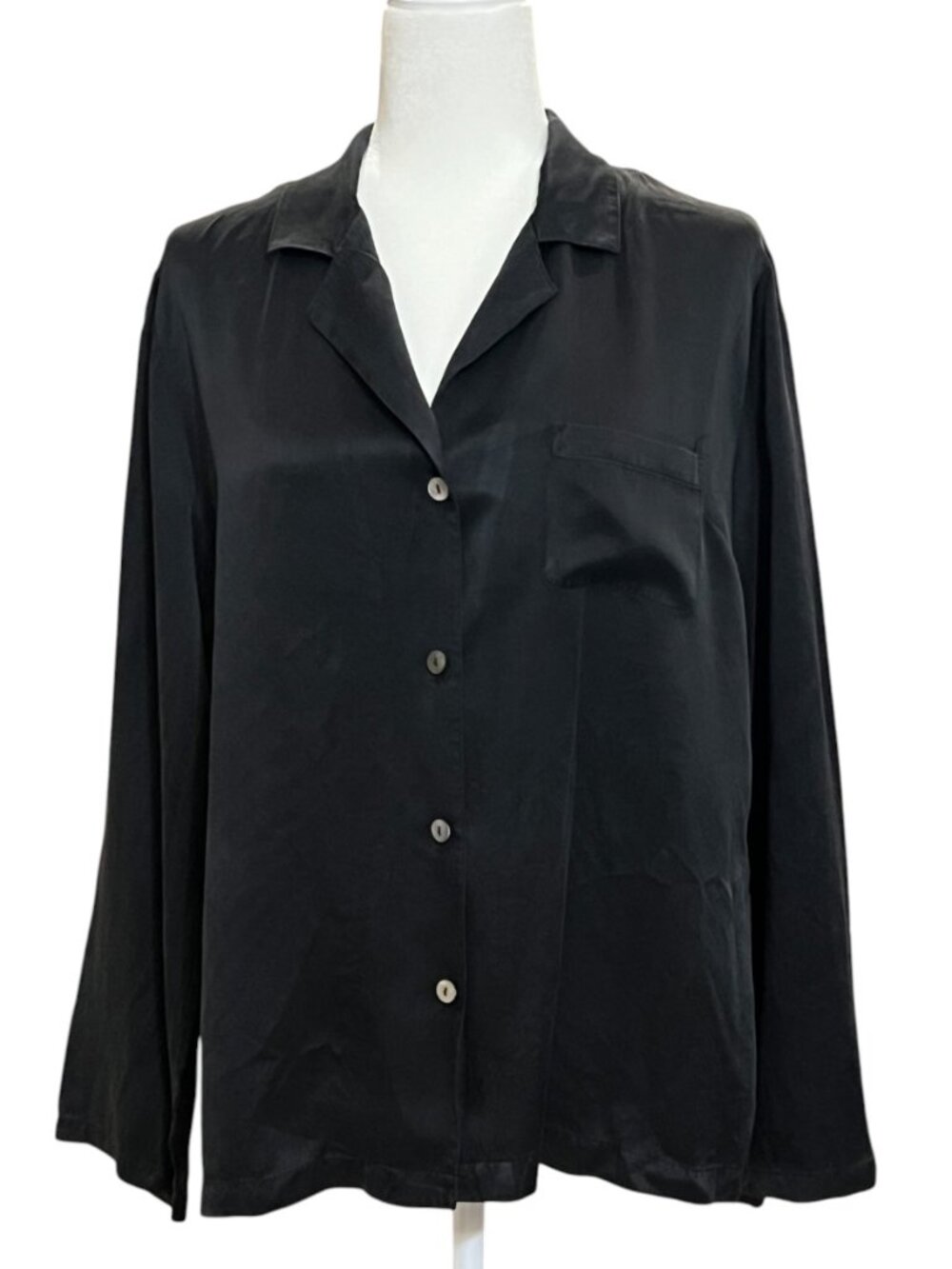 Shimera 100% Silk Button Down Shirt Black Long Sleeve Women's Size Large Classic